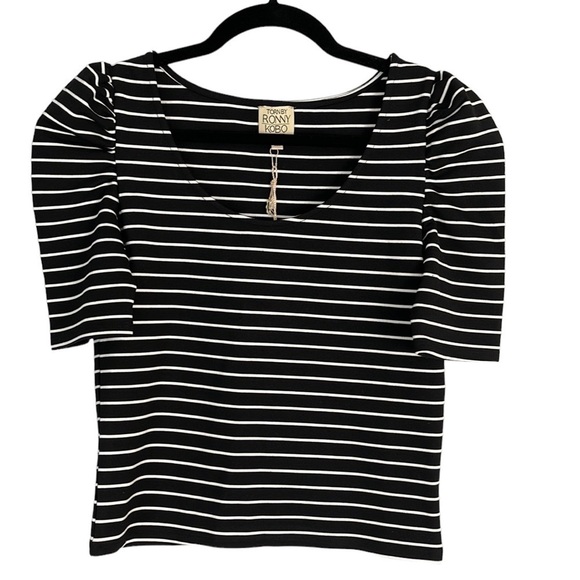 Torn by Ronny Kobo Tops - NWT 𝅺TORN by Ronny Kobo Small Puff Shoulder Striped Crop Top